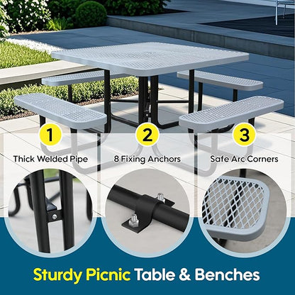 46Inch Square Picnic Table for 8 Person, Outdoor Heavy Duty Sturdy Picnic Tables with 4 Benches & Umbrella Hole, Commercial Metal Patio Picnic Table for Garden, BBQ, Coffee Store, Party, Porch (Grey)