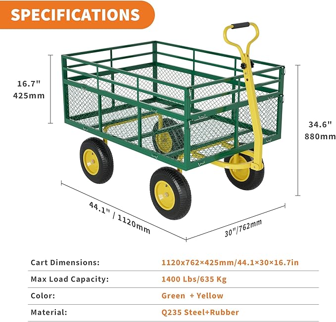Metal Wagon - 1400lbs Garden Cart with 10" Multi-Terrain Tires, 4 Removable Mesh Sides & 180° Swivel Handle, Yard Wagon Cart for Lawn, Yard, Patio Gardening