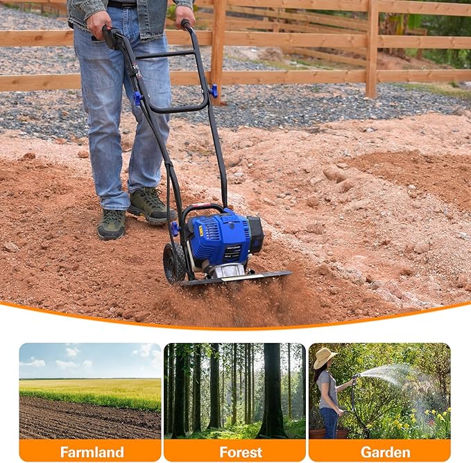 BILT HARD 46cc 4-Cycle 1.9HP Gas Powered Tiller Cultivator - 16" Heavy-Duty Steel Tines Rototiller, Adjustable Wheels & Cushioned Handle Grips for Plowing, Tilling, Weeding in Garden, Farm