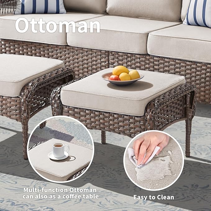 5 Pieces Patio Furniture Set Outdoor Sectional Sofa Couch with Rocking Swivel Chairs 5" Deep Seat Chairs, Modern Wicker Rattan Conversation Set, Beige/Brown Wicker