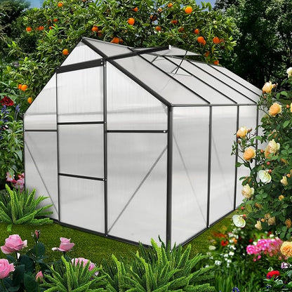 6x10 FT Polycarbonate Greenhouse with Sliding Door and Adjustable Roof, Heavy Duty Aluminum Walk-in Greenhouses w/ Raised Base for Outdoor Garden Backyard,Black