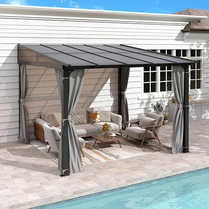 10 x10FT Outdoor Wall-Mounted Hardtop Gazebo, Aluminum Frame Lean to Gazebo with Polycarbonate Roof and Curtains for Patio, Garden, Deck