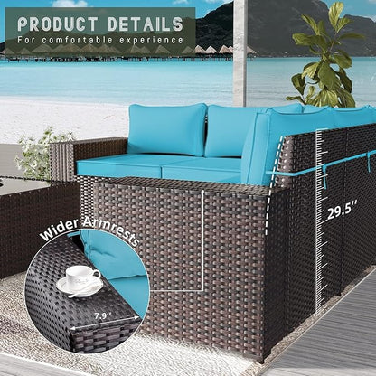16 Pieces Outdoor Patio Furniture Set Outdoor Furniture Patio Sectional Sofa Conversation Sets w/ETL Approved 45" Gas Outdoor Fire Table & Coffee Table, Swivel Rocking Chair Turquoise.