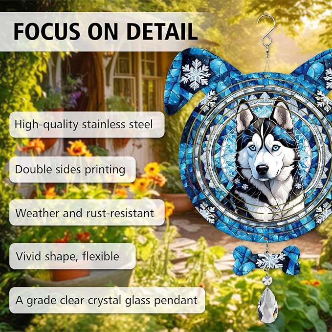 Siberian Husky Dog Ears Wind Spinner, Siberian Husky Wind Spinner Hanging for Yard and Garden V02