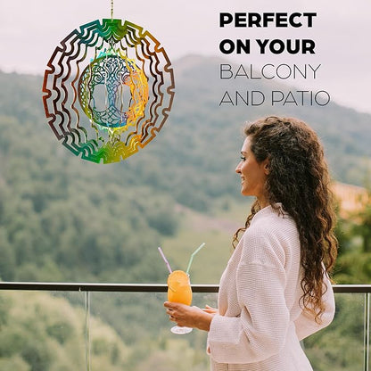 Skylar Tree of Life Wind Spinner, Stainless-Steel Garden Decor, 3D Wind Charm with Holographic Effect, Unique 12-Inch Sun Catcher, Foldable Ornament with 2 Support Hooks for Hanging