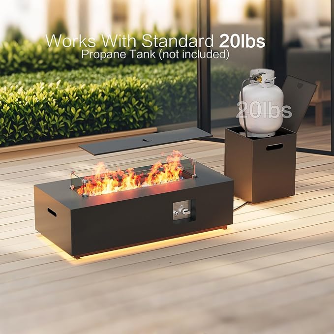 42" Outdoor Fire Pit Table, 50,000 BTU Gas Fire Pit with Glass Wind Guard, Fire Stones, Waterproof Cover, Propane Fire Pit Table for Outside Patio (Warm Light, Black)