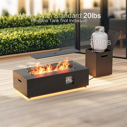 42" Outdoor Fire Pit Table, 50,000 BTU Gas Fire Pit with Glass Wind Guard, Fire Stones, Waterproof Cover, Propane Fire Pit Table for Outside Patio (Warm Light, Black)