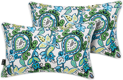 Pack of 2 Outdoor Waterproof Lumbar Rectangular Throw Pillow with Insert, Home Decorative Toss Pillows All Weather Cushion for Patio Garden Car Office (12x20 Inch, Botanical Blue Green)