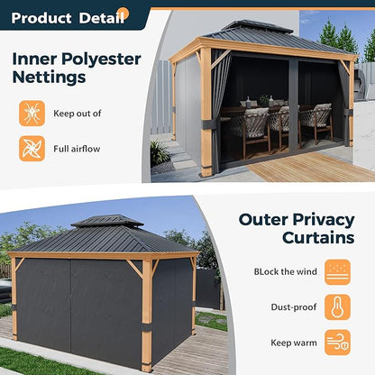 HAPPATIO 10' x 12' Hardtop Gazebo, Outdoor Wood Grain Frame Aluminum Gazebo, Double Roof Permanent Patio Canopy with Netting and Curtains for Garden, Patio, Lawns, Parties (Grey)