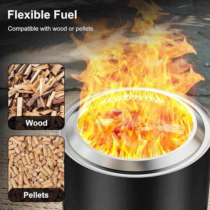 27 Inch Smokeless Fire Pit, Outdoor Portable Firepit with Waterproof Cover & Poker, Stainless Steel Wood Burning Fireplace for Outside,Patio, Camping, Bonfire,Black