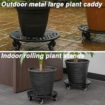 2 Pack 15 inches Extra-Large Metal Plant Caddy with Wheels Heavy-Duty Iron Rolling Plant Stand with Casters Indoor Outdoor Wheeled Plant Roller Base Pot Movers Plant Dolly Coaster Trolley Black