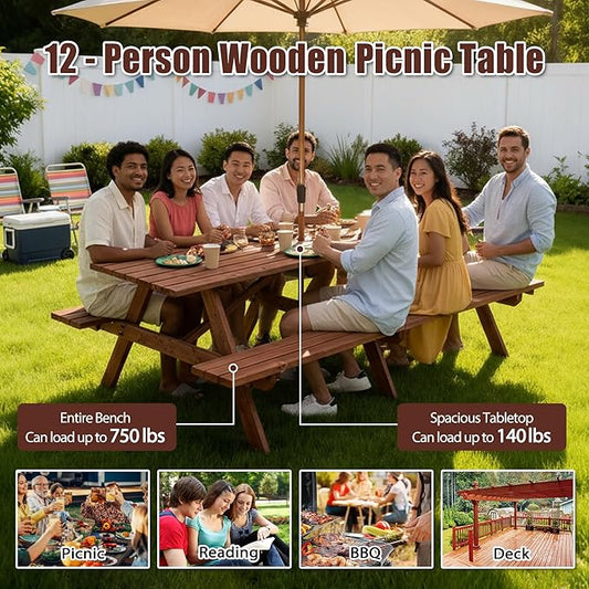 Picnic Table with Bench for 12 Person Rectangle Outdoor Wooden Outdoor Picnic Table for Patio Garden Backyard Large Outside Dining Table Set with Umbrella Hole