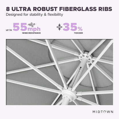Midtown Umbrellas The Swilt 10 Feet Patio Umbrella in Terylast Matter (Grey) Polyester Fabric - Fiberglass Ribs, Auto-Tilt Aluminum Frame For Backyard, Deck, Garden, Pool - White Pole