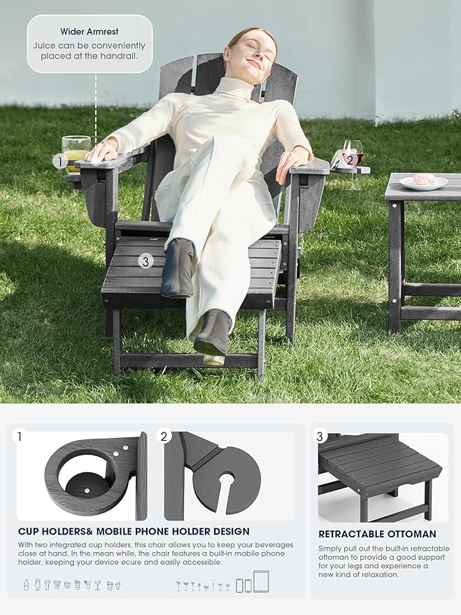 KINGYES Folding Adjustable Adirondack Chair with Ottoman & 2 Cup Holders Set of 4, HDEP Multifunctional Adirondack Chair with Footrest, Grey