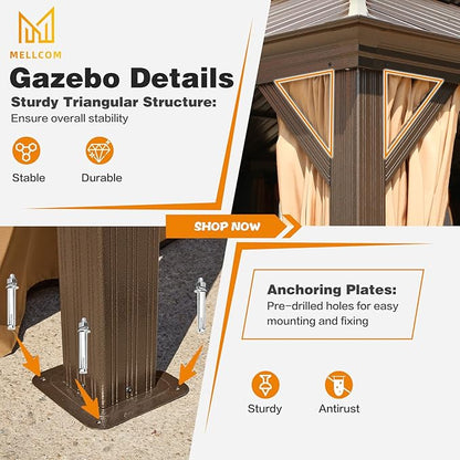 MELLCOM 12'x16' Hardtop Gazebo, Galvanized Steel Metal Double Roof Canopy with Curtains and Netting, Brown Permanent Pavilion Gazebos with Aluminum Frame for Garden, Patio, Lawns, Deck