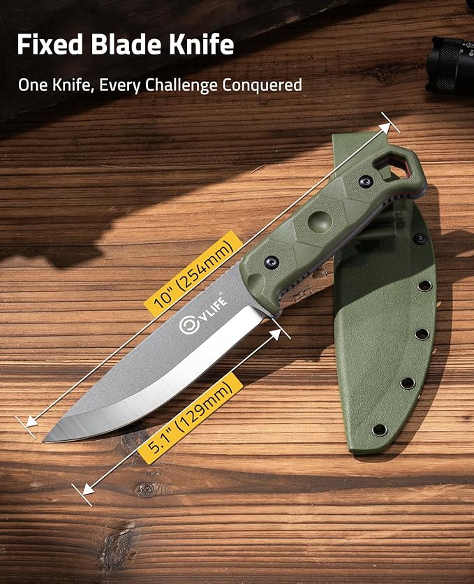CVLIFE Full Tang Fixed Blade Knife with Sheath,Sharp Blade Made of D2 Steel with Nylon Fiberglass Handle,Survival Knife for Men Outdoor Hunting Camping and EDC Bushcraft,Green