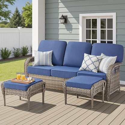 Patio Furniture Set, All Weather 3 Pieces Wicker Outdoor Small Sectional Set, 5" Thick Rattan Conversation Set with 3-seat Sofa and Ottoman for Lawn, Garden, Blue/Gray Wicker