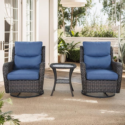 Patio Swivel Chairs with Smile-Shaped Cushions, 3 Piece High Back Patio Swivel Glider Chairs with Side Table 3PCS PE Rattan Luxury Swivel Patio Chair Set Brown Wicker - Blue Cushions