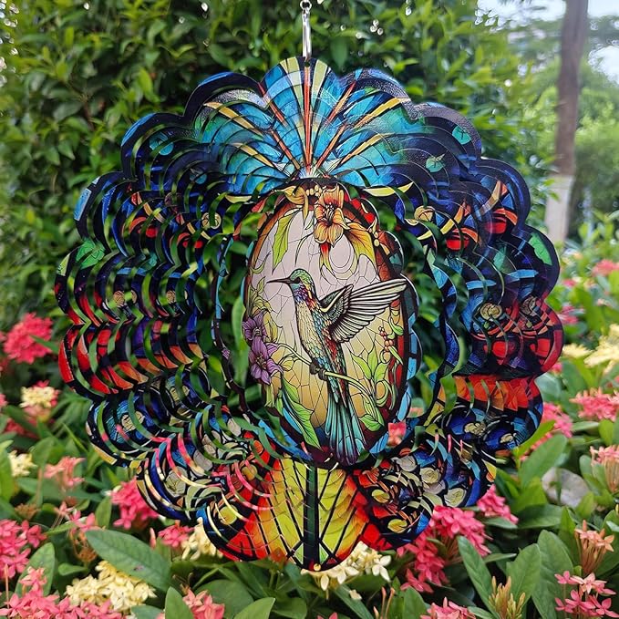 Wind Spinners Hummingbird Arts12 inch 3D Stainless Steel Laser Cut Metal Art Geometric Pattern Wind Sculpture Hanging for Yard Garden Decorations Gifts Indoor Outdoor