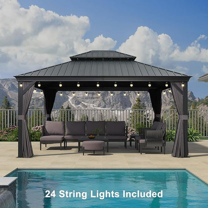 PURPLE LEAF 13' X 15' Permanent Gazebo with Metal Roof Outdoor Hardtop Gazebo with Light for Patio Lawn and Garden Curtains and Netting Included Grey