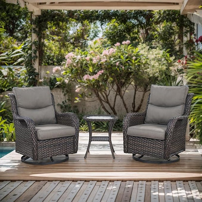 Patio Conversation Set with Smile-Shaped Cushions, Luxury Outdoor Swivel Chairs with Side Table and Ottomans, 5PCS PE Rattan Swivel Glider Chairs Set, Brown Wicker|Grey Cushions