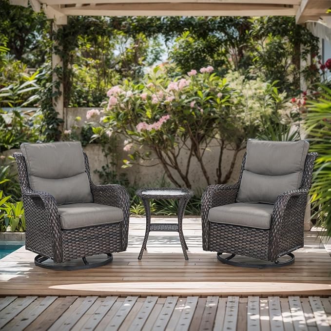 Patio Swivel Chairs with Smile-Shaped Cushions, 3 Piece High Back Patio Swivel Glider Chairs with Side Table 3PCS PE Rattan Luxury Swivel Patio Chairs Set Brown Wicker | Grey Cushions