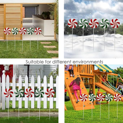 5pcs Wind Spinners Metal Colorful Flowers Garden Stake, Christmas Lollipop Pinwheels, 27" Metal Windmill Yard Art Outside Decorations, Lawn Ornaments Outdoor Garden Décor