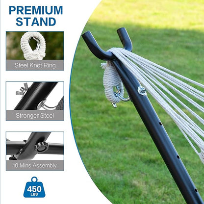 PNAEUT Double Hammocks with Stand for Outside, Portable Space Saving Heavy-Duty Steel Stand for Indoor Outdoor Patio with Carrying Bag, 450 lbs Capacity (Blue)