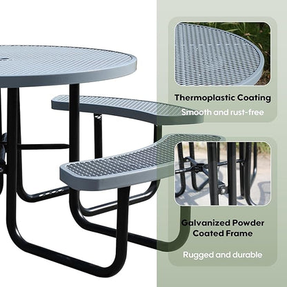 8-Person Picnic Tables for Outdoors, Industrial 46" Expanded Metal Round Picnic Table with 4 Benches & Umbrella Hole, Outside Table and Bench Set for Park, Garden, Backyard, Patio, Grey