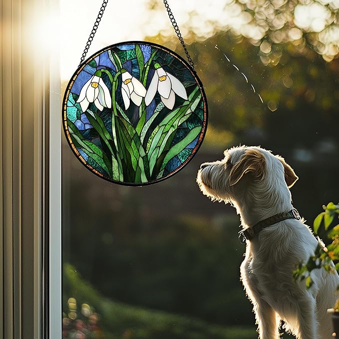 Stained Glass Window Hanging - Green Plants Birth Flowers Suncatcher for Doors Garden Patio Sun Catchers Decor Christmas Mother's Day Birthday Gifts for Women Men Mom Nana Friend 6.3 in