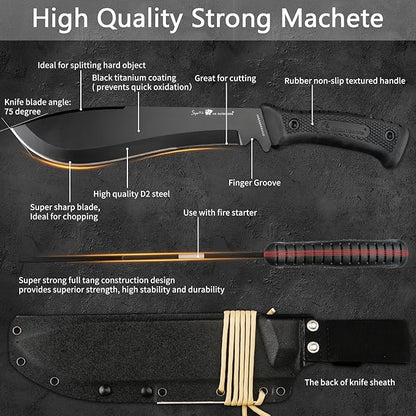 HX Outdoors 14 Inch Bush Machete Kukri Knife, Premium D2 Steel Full Tang Gardening Machete Knife with Kydex Sheath for Outdoor, Camping, Clearing Brush (Black)