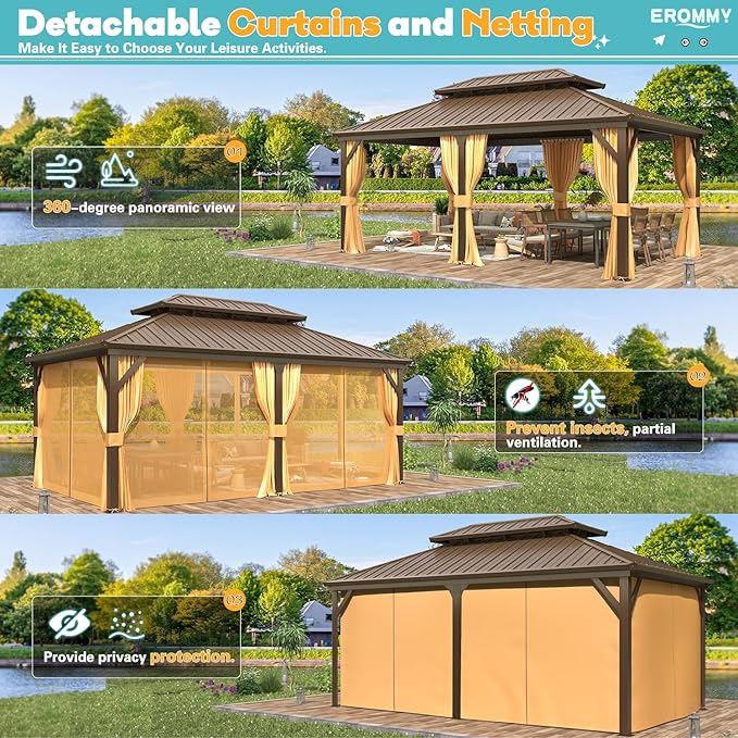 EROMMY 12' x 18' Hardtop Gazebo, Aluminum Frame Gazebos with Galvanized Steel Double Roof, Permanent Outdoor Metal Pavilion with Curtain and Netting for Patio, Lawn, Deck