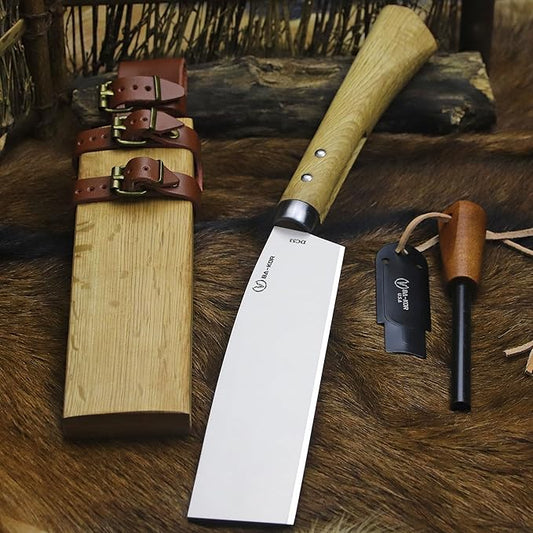 BA-KOR (Pioneer ) (15") DC53 steel 6mm thickened full Tang fixed knife+ Wooden sheath &(5.9IN) Cerium Igniter, suitable for outdoor hunting, cutting, chopping, camping, obstacle removal, exploration, fishing, EDC, BBQ (Mirror Light Edition)