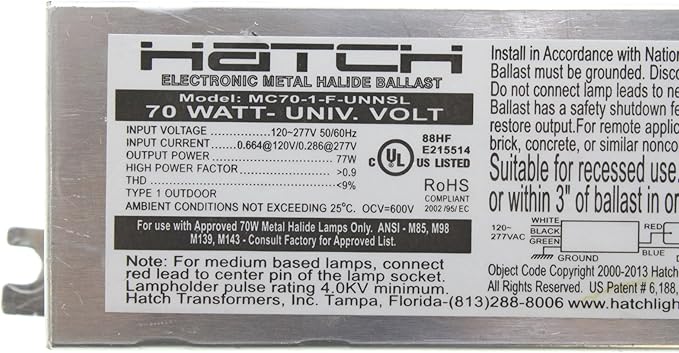 Hatch MC70-1-F-UNNU - 70 Watt - 120/277 Volt - Electronic Metal Halide Ballast - ANSI M98/M139/M143 - Side Leads With Mounting Feet