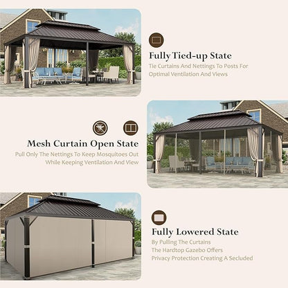 HERA'S HOUSE 12’x20’ Hardtop Gazebo Canopy, Outdoor Galvanized Steel Double Roof Gazebo, Aluminum Frame Pavilion with Netting and Curtains for Patio Lawn Backyard Deck Garden