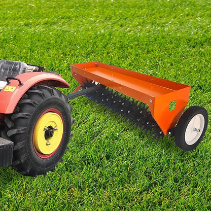 Tow Behind Aerator 40 Inch with Steel Teeth and Transport Wheels, Adjustable Handle Pull Behind Plug Aerator with Tray for Farm Lawn Garden, Durable Lawn Aeration Tool