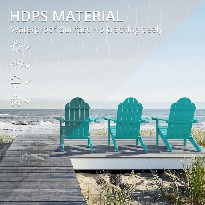 LUE BONA HDPS Adirondack Chairs Set of 8, Fire Pit Outdoor Chair Weather Resistant with Cup Holder, Modern Plastic Chair Plastic for Patio, Deck, Proch, 350LBS, Aruba Blue