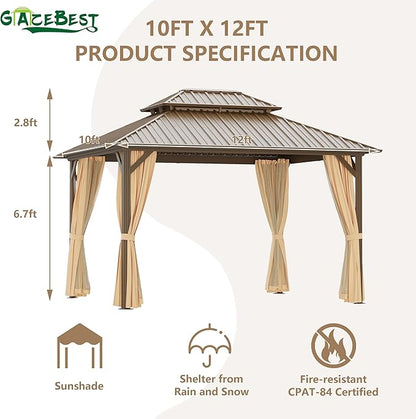 10'x12' Hardtop Gazebo Outdoor Aluminum Patio Gazebo Double Roof Galvanized Steel Canopy with Netting and Curtains for Garden, Backyard,Deck and Lawns