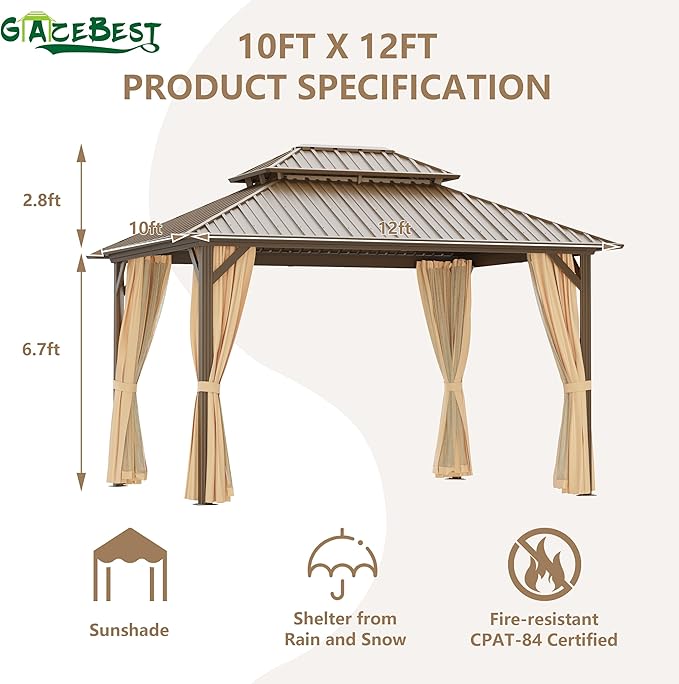 10x12 ft Hardtop Gazebo Outdoor Aluminum Patio Gazebo Double Roof Galvanized Steel Canopy with Netting and Curtains for Garden, Backyard, Deck and Lawns.