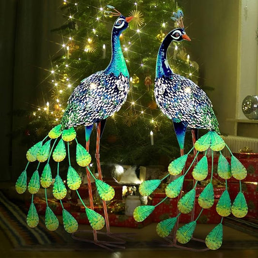 Kircust Solar Metal Peacock Statues - Set of 2 Weatherproof Outdoor Decor with Solar Lights for Garden, Yard, or Patio - Elegant Peacock Gifts