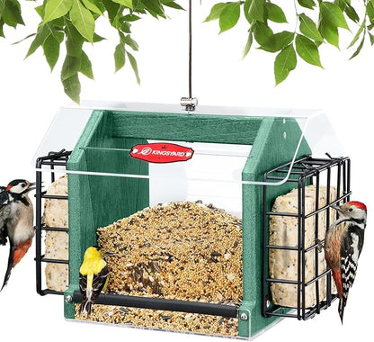 Kingsyard Hopper Bird Feeder for Outdoors Hanging, Recycled Plastic Double Suet Feeder with Clear View Windows, 3 LBS Seed, Cardinal Woodpecker Bluebird Feeder, Green