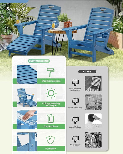 Folding Adirondack Chair with Retractable Ottoman Weather Resistant Fire Pit Chair Patio Chair with 2 Cup Holder Lawn Outdoor Lounge Chair (Navy Blue)