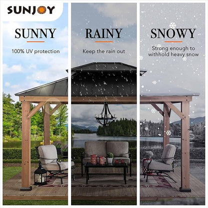 SUNJOY 11 x 13 ft. Wood Gazebo Cedar Framed Gaezbos with Black Double Steel Hardtop Roof for Garden, Backyard Shade, Matte Black Roof + Natural Wood Frame