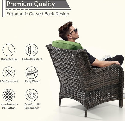 Patio Wicker Chairs Set of 2, Patio Rattan Dining Chairs with 3.5-inch Seat Cushions, High Back and Curved Armrest for Garden, Backyard, Balcony and Deck, Green