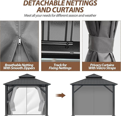 8.5' x 8.5' Hardtop Gazebo, Galvanized Steel Double Roof Gazebo with Nettings and Curtain Outdoor Aluminum Frame Vertical Stripes Roof Gazebos for Patio, Backyard, Lawn