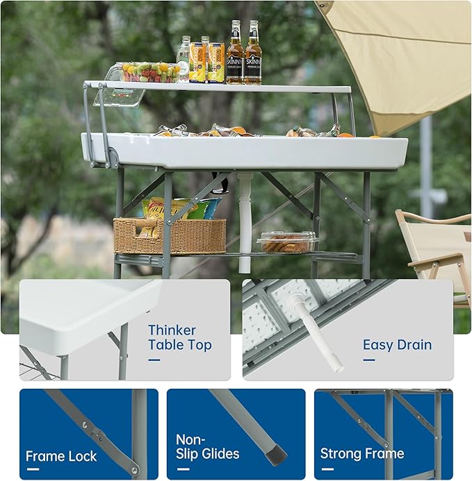 Outdoor Ice Cooler Folding Table, Portable Cooler Table with Removable Matching Skirt, Folding Ice Chest Table with Place Holder White