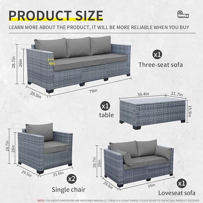 5 Piece Wicker Patio Furniture Sets Outdoor Conversation Set, PE Rattan Sectional Sofa Couch with Storage Table and Non-Slip Grey Cushions, Furniture Covers Included