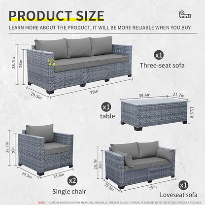 5 Piece Wicker Patio Furniture Sets Outdoor Conversation Set, PE Rattan Sectional Sofa Couch with Storage Table and Non-Slip Grey Cushions, Furniture Covers Included