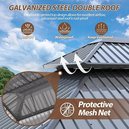 10 X 12ft Hardtop Gazebo, Galvanized Steel Double Roof Gazebo with Nettings and Curtains, Outdoor Aluminum FrameVertical Stripes Roof Permanent Pavilion for Patio, Backyard, Lawns