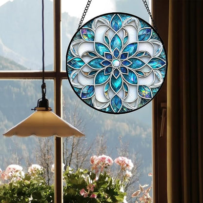 Stained Glass Window Hanging - Blue White Abstract Flowers Suncatcher for Door Terrace Garden Home Decor Boho Sun Catcher Birthday Gifts for Lovers Women Men Dad Mom Nana 15 in